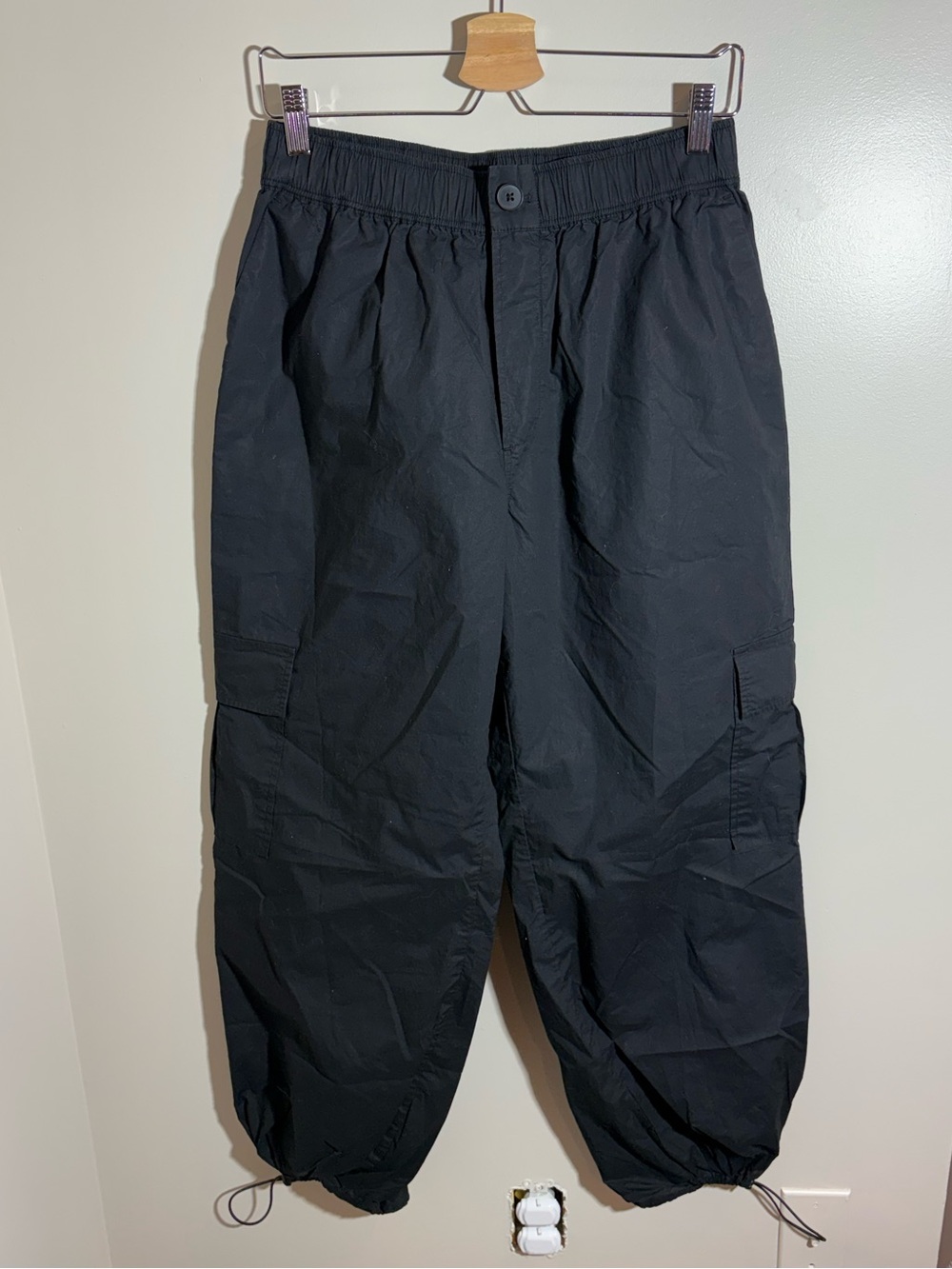 Black Nylon Parachute Cargo Pants Baggy Drawstring Hem Utility Gorpcore